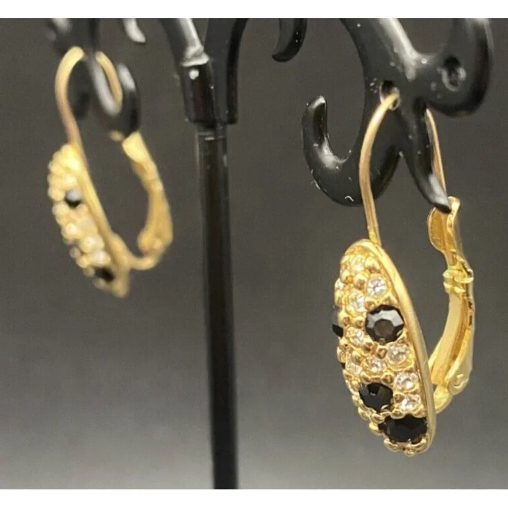 Vintage Swarovski for Avon Earrings Black Crystal Pave Gold Plated Drop Pierced - Picture 2 of 10